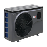 High three-quarter angled studio view of a dark grey EvoHeat Fusion-iPro series inverter pool heat pump, showcasing the top ridges, a large circular front-discharge fan grille, a square control panel hatch, the brand logo emblem, and blue internal evaporator coils visible through the left side grille openings.
