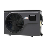 Three-quarter right-angled studio view of a dark grey EvoHeat Fusion-iPro series inverter pool heat pump, highlighting the large circular front-discharge fan grille, a centrally located brand logo emblem, a small square control panel hatch, and the right side panel detailing electrical connection points.