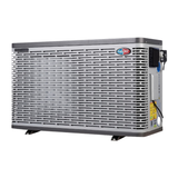 Three-quarter studio view of a grey and black EvoHeat iPro series inverter pool heat pump, displaying the front horizontally-slotted ventilation grille, corner brand logo, and side control panels alongside electrical entry points.