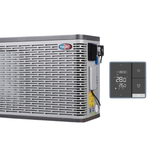 Three-quarter studio view of an EvoHeat iPro series inverter pool heat pump with a graphic closeup overlay showcasing its grey digital touchpad interface display screen.