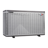 Three-quarter left-angled studio view of a grey and black EvoHeat iPro series inverter pool heat pump, displaying the curved ventilation grille wrapping around the left corner and the top corner brand logo.