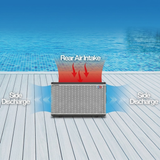 Airflow schematic diagram for the EvoHeat iPro series pool heat pump placed on a wooden deck by a pool, illustrating the rear air intake mechanism and dual side discharge ventilation path.
