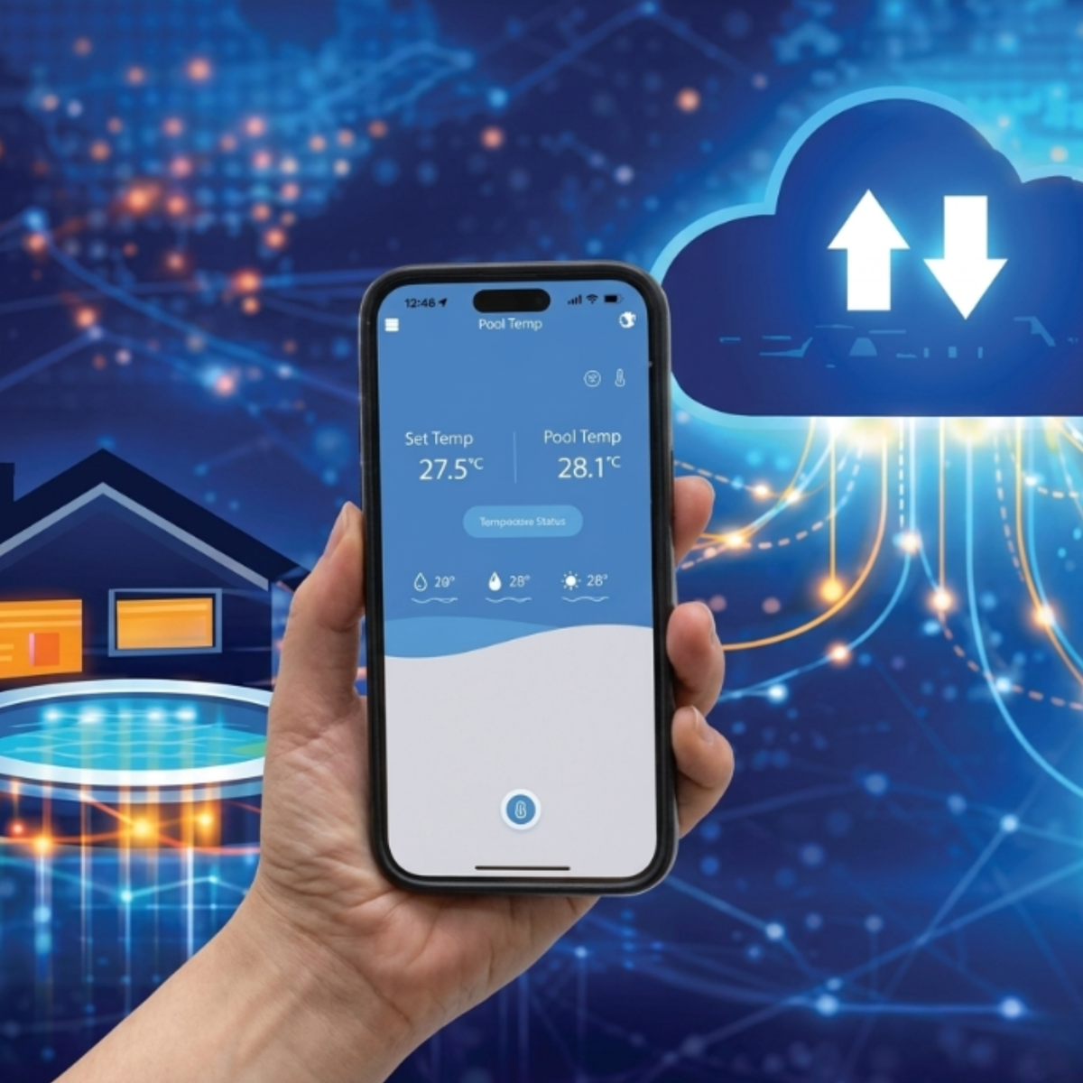 A person holding a smartphone displaying the EvoHeat mobile app interface showing pool temperature control settings alongside a digital cloud computing graphic over a backyard background