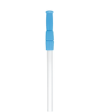A vertical studio product shot highlighting the upper section of an adjustable aluminum telescopic pool pole, isolated on a white background. The image details a silver metallic ribbed shaft extending into a blue plastic dual-stage locking cam collar and a molded blue plastic handle grip.