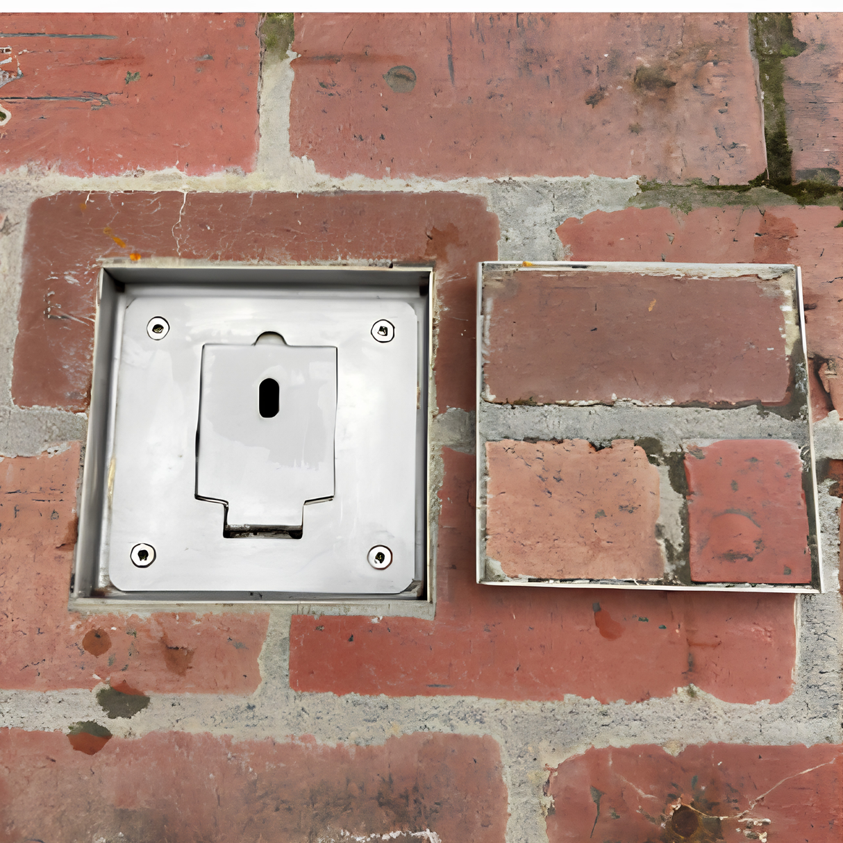 Top-down view of an EzyHold Insert flush-mount umbrella holder base installed in brick pavers, shown next to its matching brick-filled insert lid.