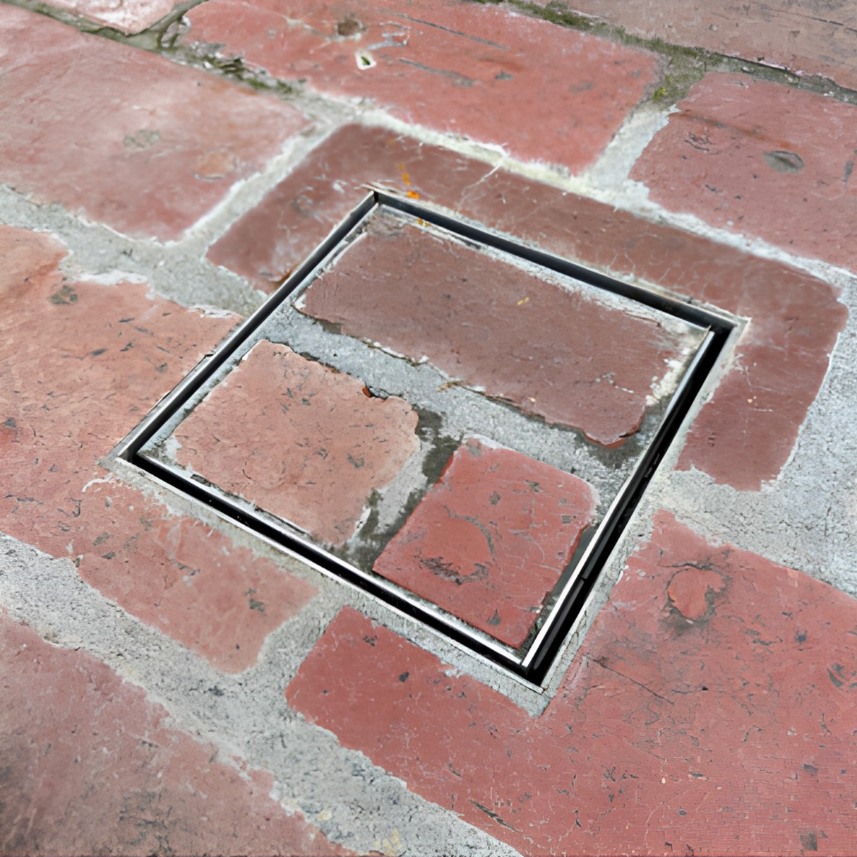 EzyHold Insert flush-mount umbrella holder completely closed with its matching brick-filled lid, creating a seamless and trip-free surface in a brick paver patio.
