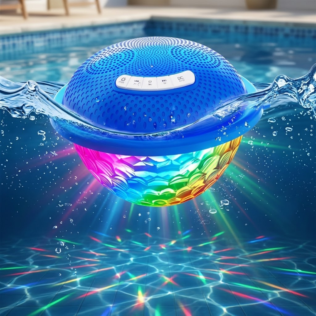 Blue floating waterproof Bluetooth speaker with an illuminated multicolored LED diamond-faceted underwater disco light show floating in pool water.