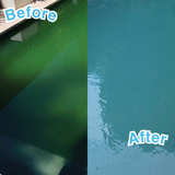 Before and after comparison of a swimming pool algae treatment. The left side shows dark green, murky water, and the right side shows clear, blue water after using BioGuard MSA Extreme algaecide.