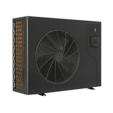 Three-quarter studio view of a dark charcoal Guardian Eco Pro Series pool heat pump, displaying a front circular fan discharge grille, left-side intake grille with visible internal fins, side-mounted digital control screen, top-right emblem, and support feet.