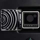Close-up view of the digital control panel on a Guardian Eco Pro Series pool heat pump, featuring an open hinged transparent protective cover revealing a screen and touch buttons for power, mode selection, timer, fan, and temperature adjustment.