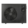 Direct front studio view of a dark charcoal Guardian Eco Pro Series pool heat pump, featuring a large spiral fan grille on the left, a top-right Guardian emblem, a digital control screen with protective cover, and bottom mounting feet.
