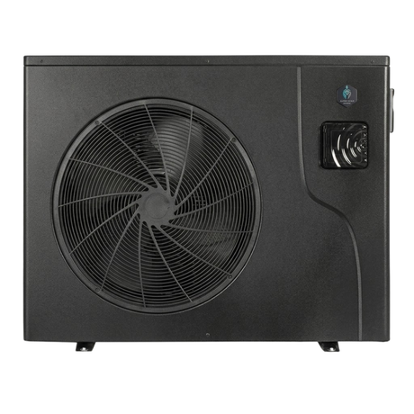 Direct front studio view of a dark charcoal Guardian Eco Pro Series pool heat pump, featuring a large spiral fan grille on the left, a top-right Guardian emblem, a digital control screen with protective cover, and bottom mounting feet.