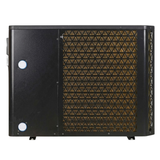 Direct rear studio view of a dark charcoal Guardian Eco Pro Series pool heat pump, showing a large triangular mesh air intake grille with golden-copper heat exchanger fins visible behind it, along with rear plumbing connections covered with white caps.