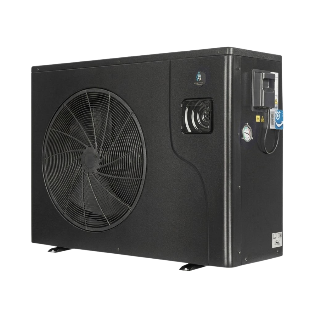 Three-quarter studio view from the right of a dark charcoal Guardian Eco Pro Series pool heat pump, displaying its front circular fan grille, side-mounted digital control panel, pressure gauge, external Wi-Fi module, and electrical connection box.