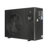 Three-quarter studio view from the right of a dark charcoal Guardian Eco Pro Series pool heat pump, displaying its front circular fan grille, side-mounted digital control panel, pressure gauge, external Wi-Fi module, and electrical connection box.