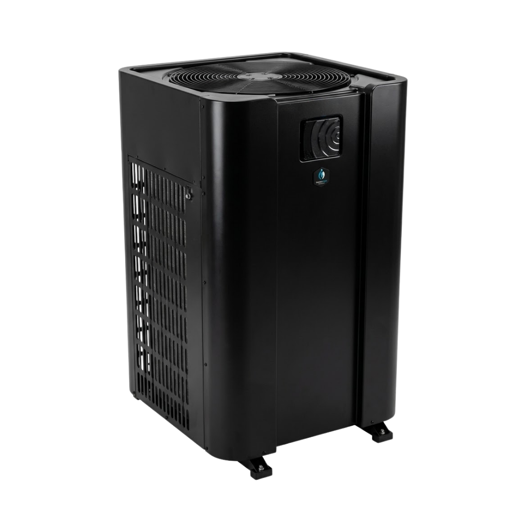 Three-quarter angled front view showing the top discharge fan and side ventilation of the Guardian Lux V 28kW pool heat pump.