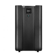 Front view studio product photo of the sleek black Guardian Lux V 28kW top-discharge pool heat pump unit featuring a digital control interface panel, on an isolated white background.