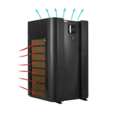 Studio product diagram of the Guardian Lux V 32kW 3-phase top-discharge pool heat pump on a white background, featuring red arrows depicting side air intake and blue arrows showing vertical top discharge airflow.