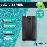 Guardian Lux V Series vertical air discharge pool heat pump featuring eco-friendly R32 refrigerant, Wi-Fi smart control, and high COP efficiency next to a swimming pool.