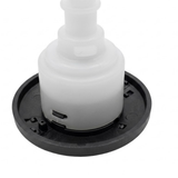 Close-up angled view of the rear housing and face flange on a Halo 3 Directional plastic spa jet internal insert, showing the dark grey bezel back and white plastic body assembly.