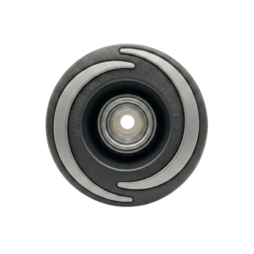 Direct overhead front view of a Halo 3 Directional plastic spa jet internal insert, featuring a textured dark grey bezel with three silver crescent accents and a central eyeball-style directional nozzle.