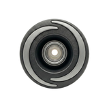 Direct overhead front view of a Halo 3 Directional plastic spa jet internal insert, featuring a textured dark grey bezel with three silver crescent accents and a central eyeball-style directional nozzle.