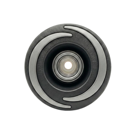 Direct overhead front view of a Halo 3 Directional plastic spa jet internal insert, featuring a textured dark grey bezel with three silver crescent accents and a central eyeball-style directional nozzle.
