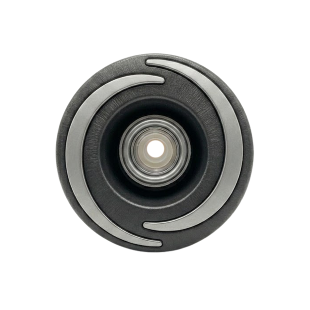 Direct overhead front view of a Halo 3 Directional plastic spa jet internal insert, featuring a textured dark grey bezel with three silver crescent accents and a central eyeball-style directional nozzle.