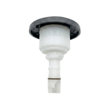 Three-quarter rear bottom view of a Halo 3 Directional plastic spa jet internal insert, showing the dark grey back of its circular face flange, white cylindrical plastic body, and narrow stem with an O-ring.