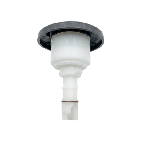 Three-quarter rear bottom view of a Halo 3 Directional plastic spa jet internal insert, showing the dark grey back of its circular face flange, white cylindrical plastic body, and narrow stem with an O-ring.