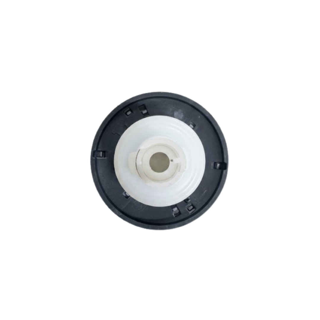 Direct overhead bottom-up view of the rear of a Halo 3 ROTO plastic spa jet internal insert, showing the dark circular face flange back and central white plastic stem.