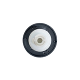Direct overhead bottom-up view of the rear of a Halo 3 ROTO plastic spa jet internal insert, showing the dark circular face flange back and central white plastic stem.