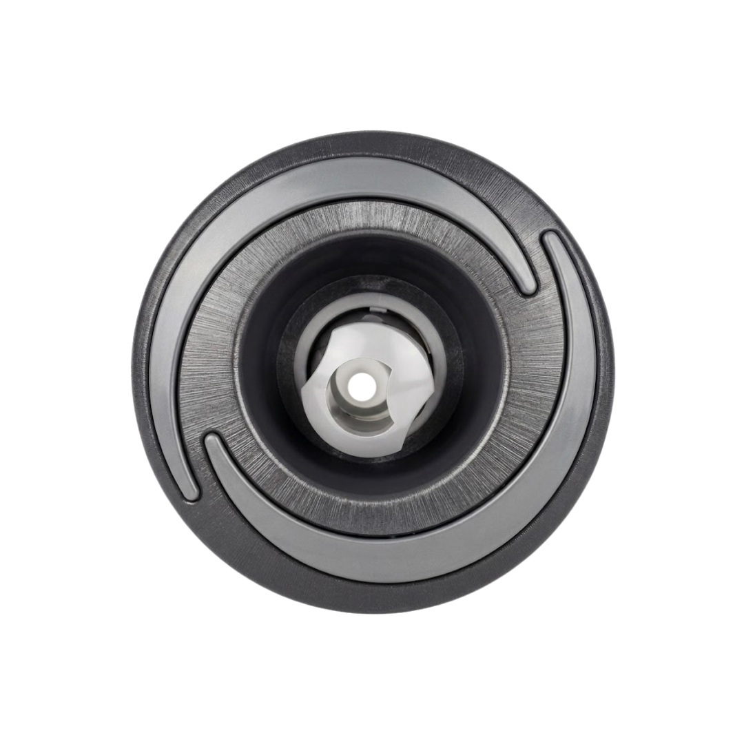 Direct overhead front view of a Halo 3 ROTO plastic spa jet internal insert, featuring a textured dark grey bezel with three crescent accents and a central rotational nozzle.