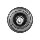 Direct overhead front view of a Halo 3 ROTO plastic spa jet internal insert, featuring a textured dark grey bezel with three crescent accents and a central rotational nozzle.