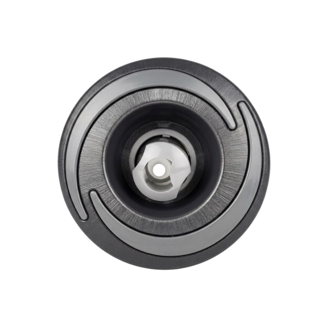 Direct overhead front view of a Halo 3 ROTO plastic spa jet internal insert, featuring a textured dark grey bezel with three crescent accents and a central rotational nozzle.