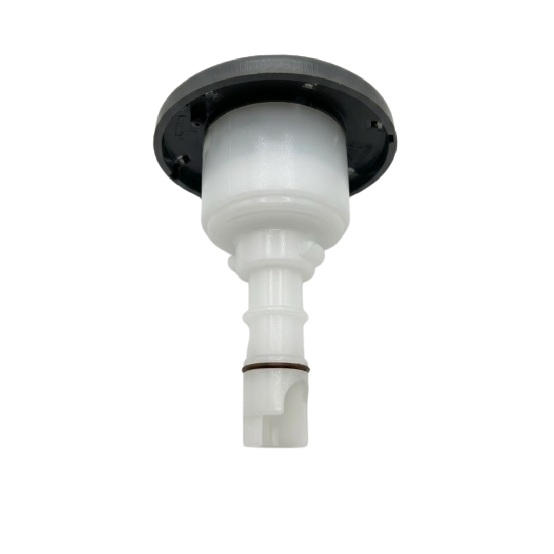 Three-quarter rear bottom view of a Halo 3 ROTO plastic spa jet internal insert, showing the dark grey back of its circular face flange, white cylindrical plastic body, and narrow stem with an O-ring.