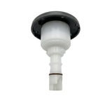 Three-quarter rear bottom view of a Halo 3 ROTO plastic spa jet internal insert, showing the dark grey back of its circular face flange, white cylindrical plastic body, and narrow stem with an O-ring.
