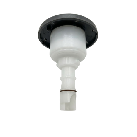 Three-quarter rear bottom view of a Halo 3 ROTO plastic spa jet internal insert, showing the dark grey back of its circular face flange, white cylindrical plastic body, and narrow stem with an O-ring.