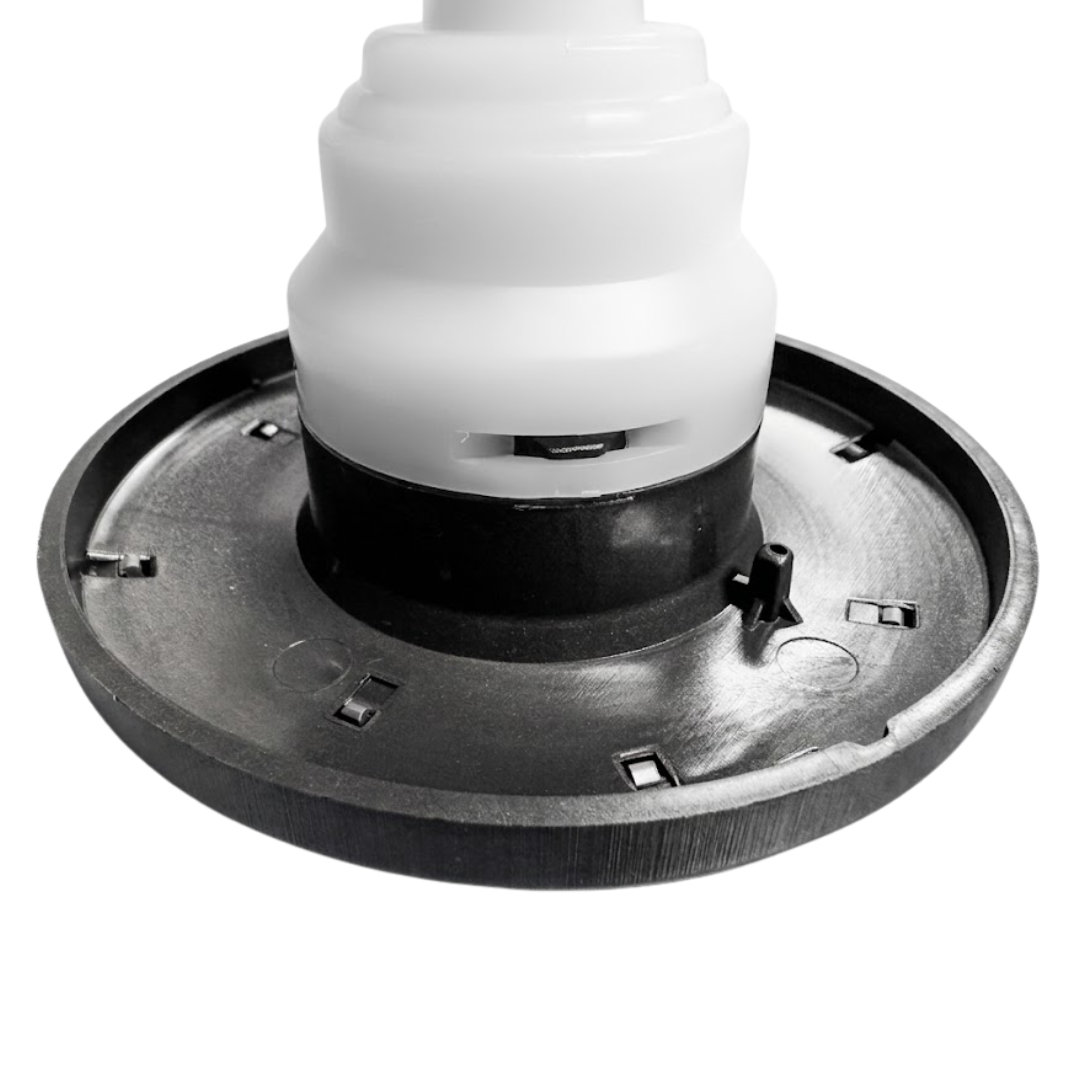 Close-up view of the rear flange and base of a Halo 4.5 ROTO plastic spa jet internal insert, showing the back of the dark outer bezel, securing clip slots, and white stepped body housing.