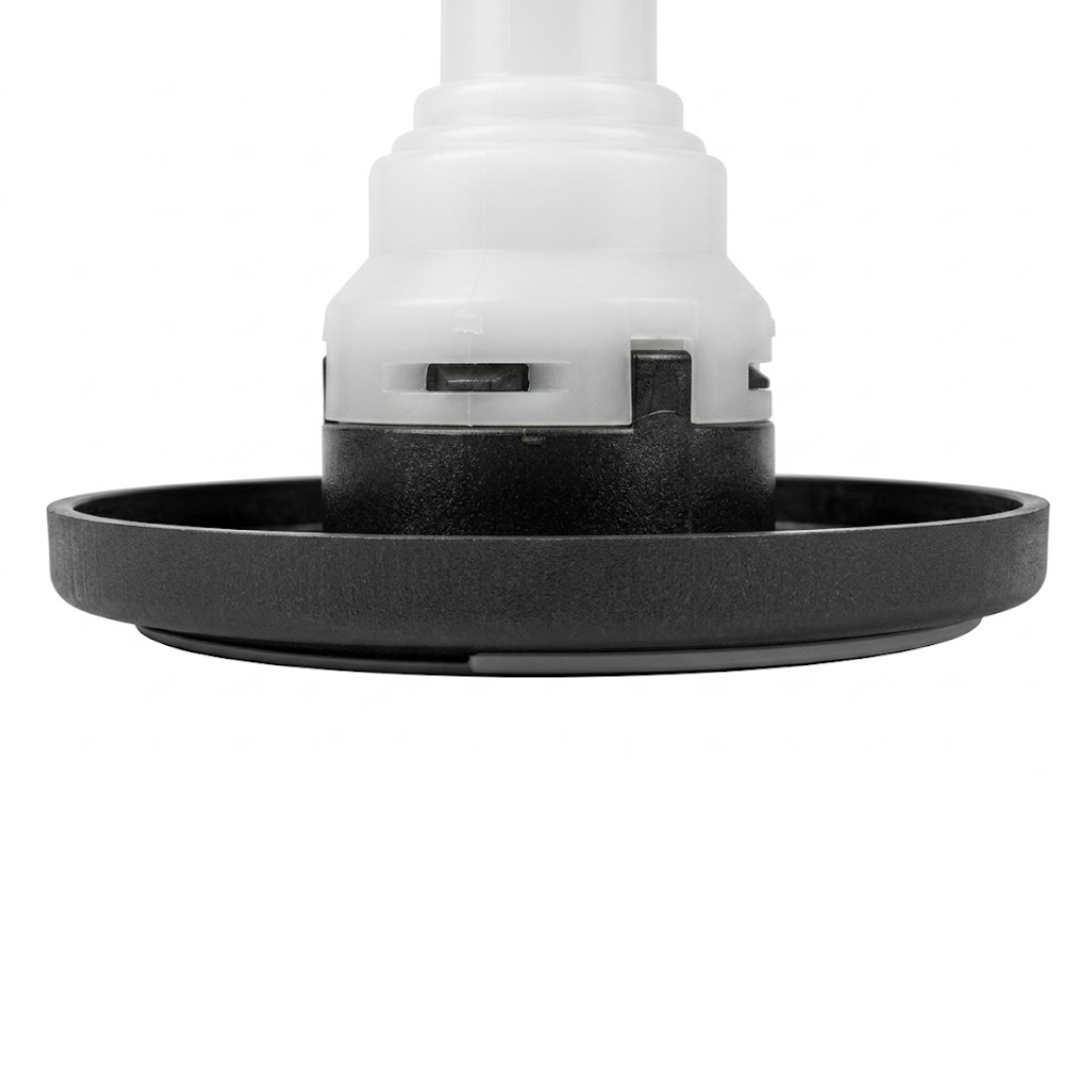 Close-up horizontal profile view of the base flange on a Halo 4.5 ROTO plastic spa jet internal insert, showing the dark circular face bezel and the white stepped plastic body with locking clips.