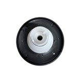 Direct overhead bottom-up view of the rear of a Halo 4.5 ROTO plastic spa jet internal insert, showing a dark circular outer flange back and a central white plastic intake port opening.
