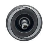 Direct overhead front view of a Halo 4.5 ROTO plastic spa jet internal insert, featuring a dark textured face with two curved light grey accent arcs and a central directional rotational nozzle.