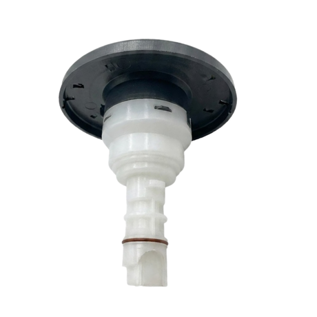 Three-quarter rear view of a Halo 4.5 ROTO plastic spa jet internal insert, showing its dark circular face flange, white stepped plastic body, locking tabs, and narrow rear stem with an O-ring.