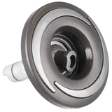 Three-quarter angled studio view of a Halo 4.5 ROTO plastic spa jet internal insert, featuring a dark brushed-finish circular bezel with silver crescent accents, a central rotational nozzle, and an extending white plastic rear stem.