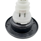 Close-up view of the rear body on a Halo 5 ROTO plastic spa jet internal insert, showing the backside of the black face flange, dark housing collar, and white stepped body clip.