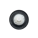 Direct overhead bottom-up view of the rear of a Halo 5 ROTO plastic spa jet internal insert, showing the dark circular face flange back and concentric white body stem assembly.