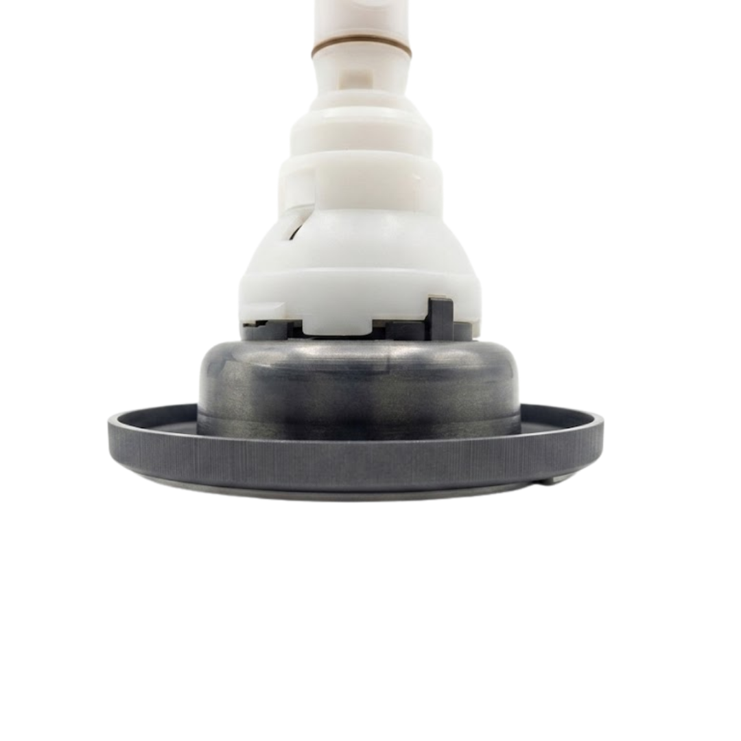 Close-up horizontal profile view of the base flange on a Halo 5 ROTO plastic spa jet internal insert, showing the textured dark grey outer face bezel and white stepped body housing.
