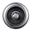 Direct overhead front view of a Halo 5 ROTO plastic spa jet internal insert, featuring a textured black bezel with three silver crescent accents and a central rotational nozzle.