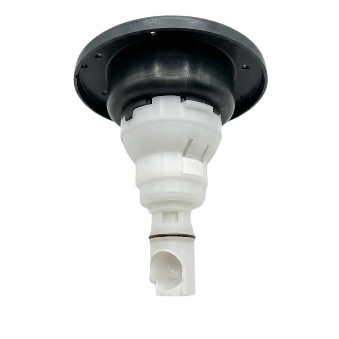 Three-quarter rear bottom view of a Halo 5 ROTO plastic spa jet internal insert, showing the dark grey back of its circular face flange, white stepped plastic body, locking clips, and narrow stem with an O-ring.