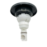 Three-quarter rear bottom view of a Halo 5 ROTO plastic spa jet internal insert, showing the dark grey back of its circular face flange, white stepped plastic body, locking clips, and narrow stem with an O-ring.